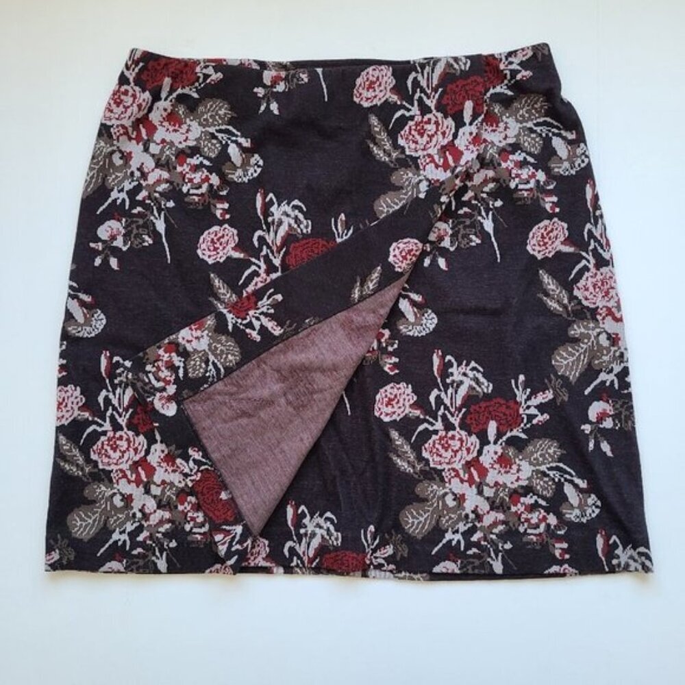 NWT J. Jill Wrap A-line Skirt L Cotton Jersey Floral Black Pink Office